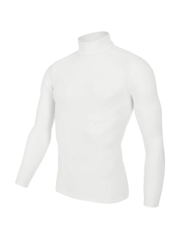 Camiseta de compresión blanca de manga larga y cuello mock marca Under Armour.