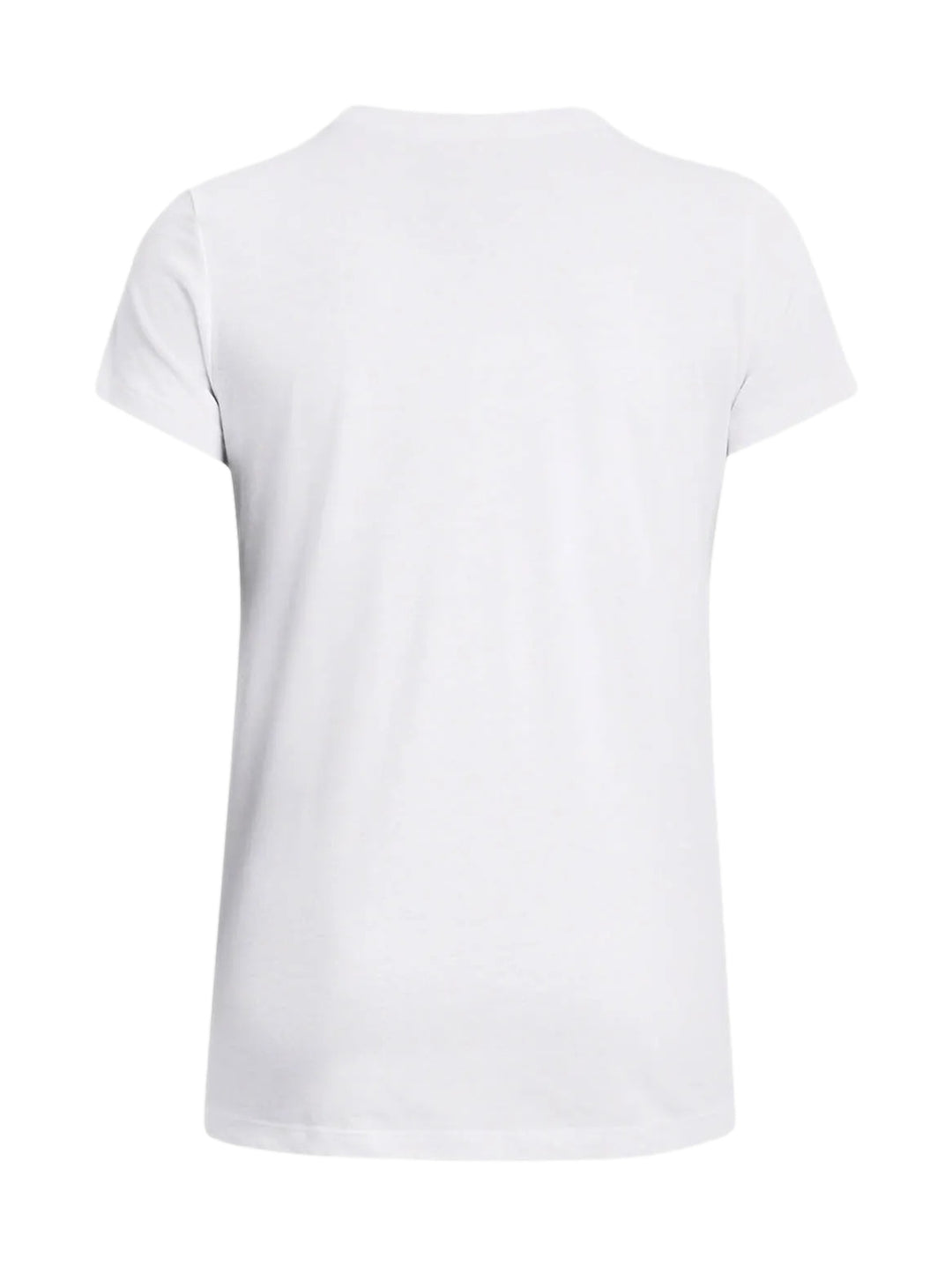 Mujer vistiendo una camiseta blanca de manga corta con el logo de Under Armour en color negro en el pecho.