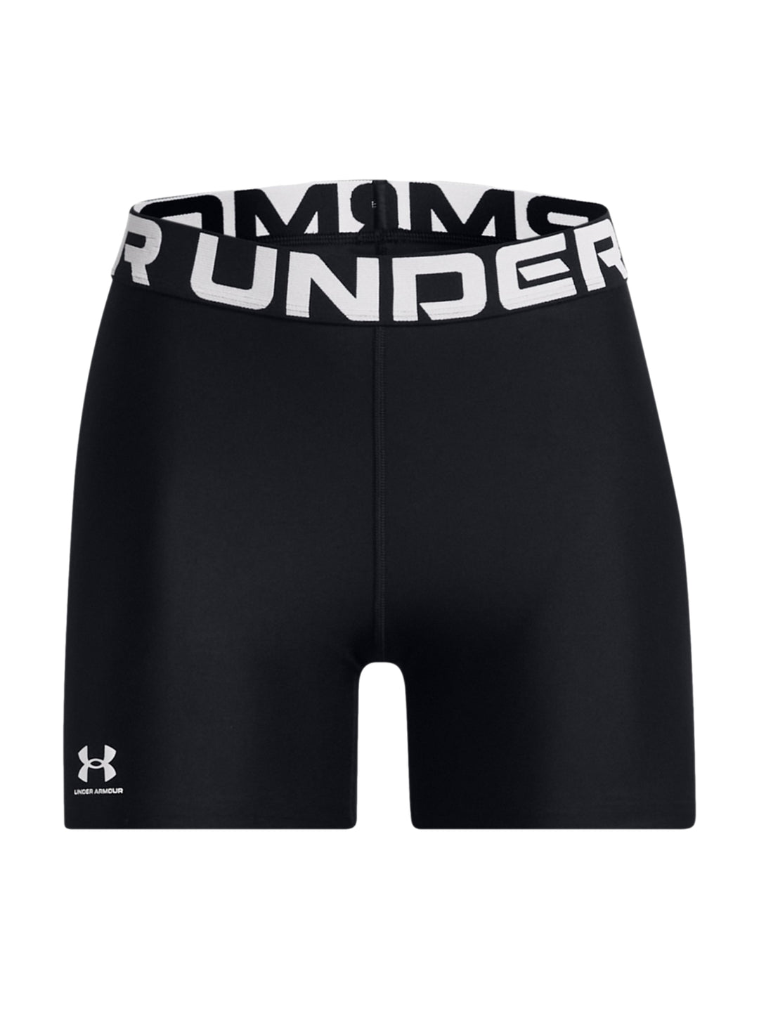 Shorts deportivos de compresión color negro con banda elástica blanca en la cintura de la marca Under Armour.