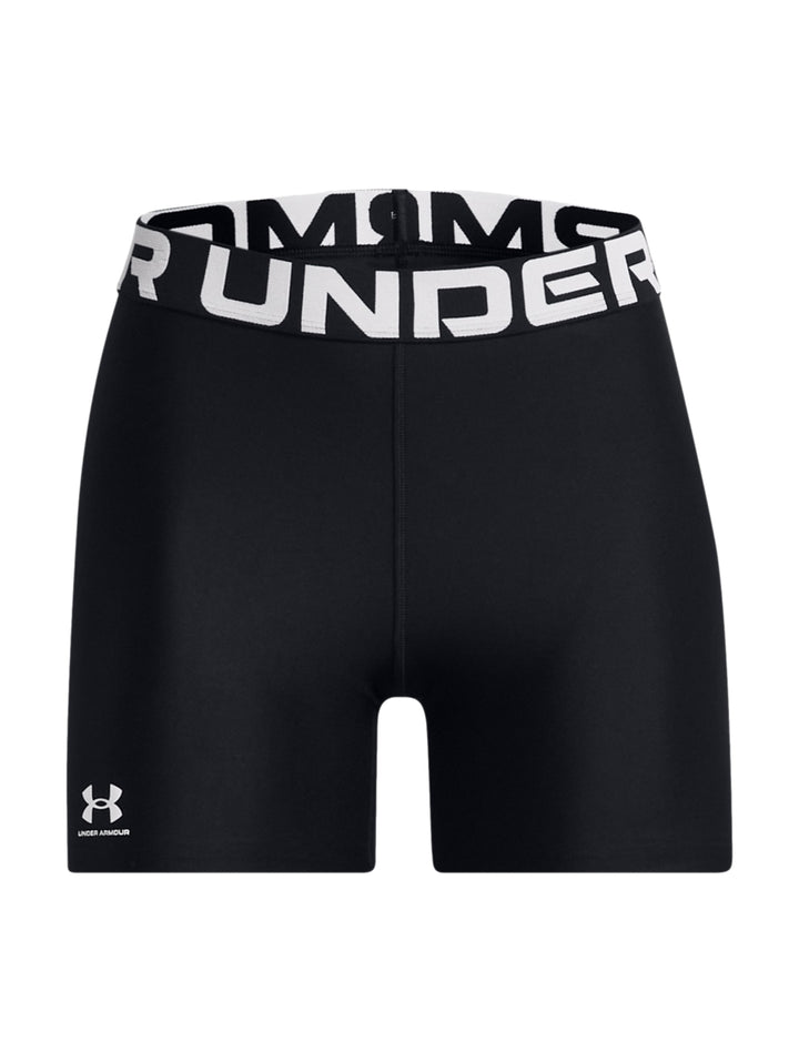 Shorts deportivos de compresión color negro con banda elástica blanca en la cintura de la marca Under Armour.