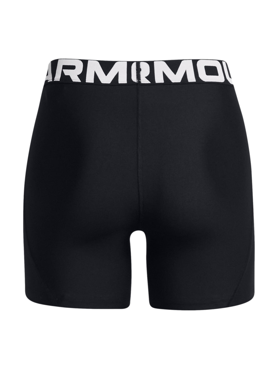 Shorts deportivos de compresión color negro con banda elástica blanca en la cintura de la marca Under Armour.
