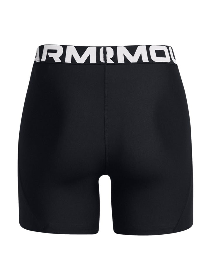 Shorts deportivos de compresión color negro con banda elástica blanca en la cintura de la marca Under Armour.