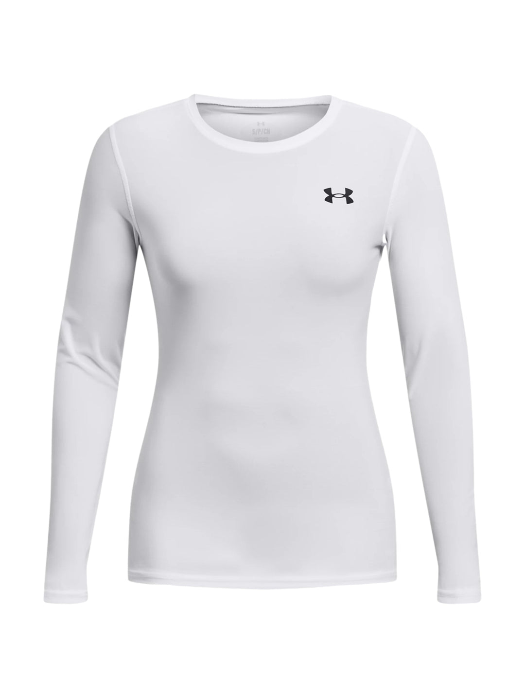 Mujer vistiendo una camiseta deportiva de compresión blanca de manga larga de Under Armour.
