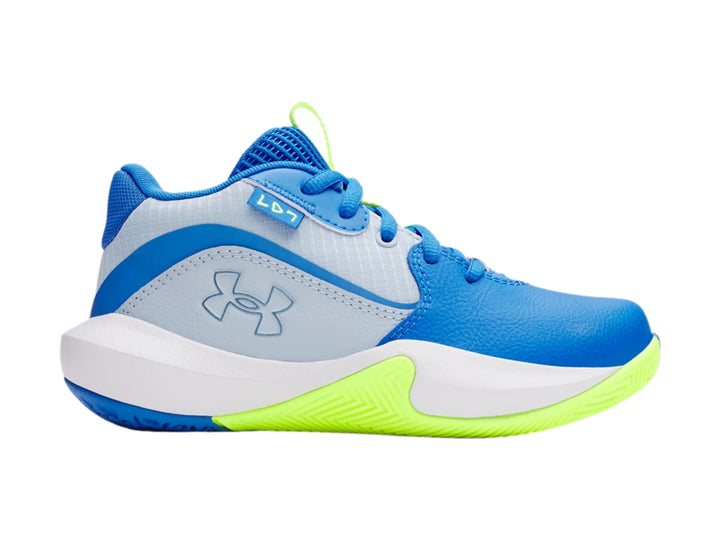 Tenis de baloncesto Under Armour Lockdown 7 en color azul con detalles en blanco y verde neón para niño.