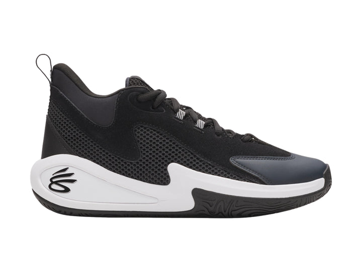 Tenis de baloncesto Under Armour Curry 3Z en color negro con suela blanca y detalles sintéticos.
