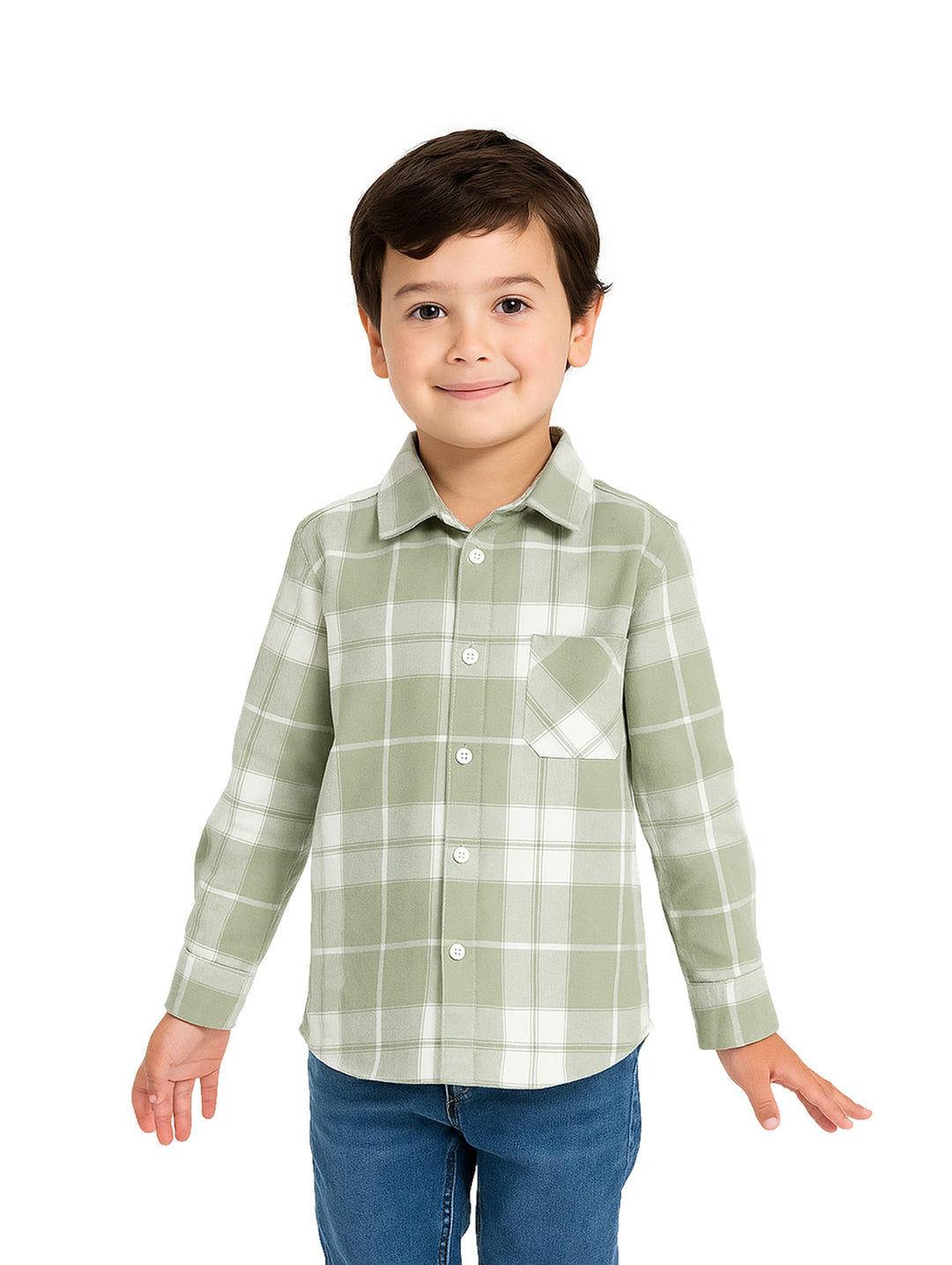 Niño vistiendo una camisa de manga larga a cuadros en color salvia y blanco.