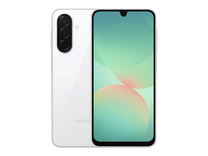 Smartphone Samsung A26 color blanco, vista frontal de la pantalla y vista posterior con cámaras.