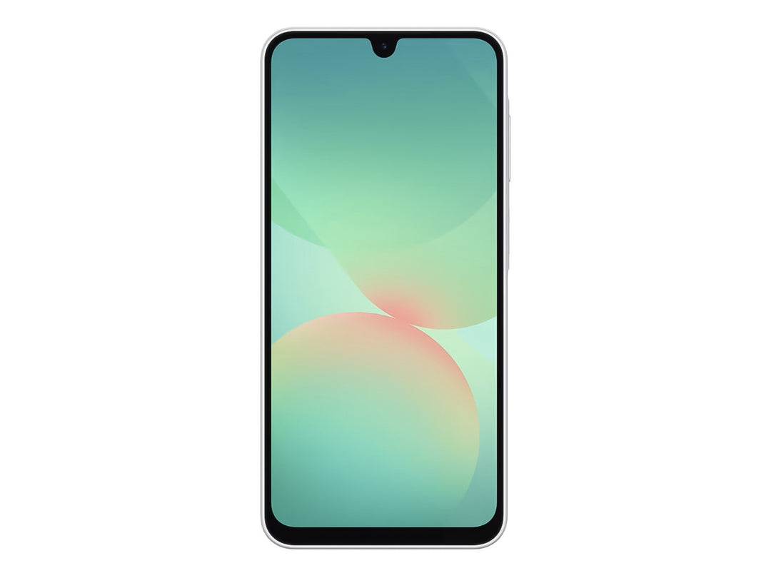 Smartphone Samsung A26 color blanco, vista frontal de la pantalla y vista posterior con cámaras.