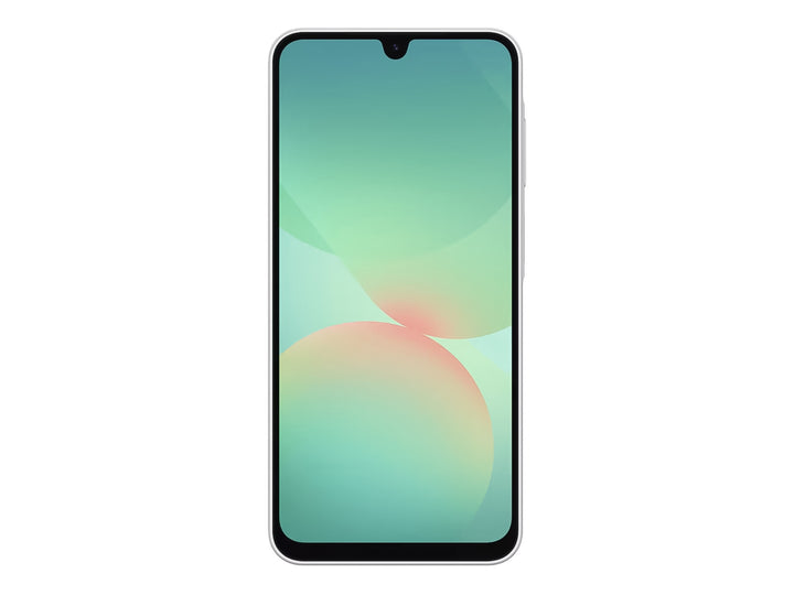 Smartphone Samsung A26 color blanco, vista frontal de la pantalla y vista posterior con cámaras.