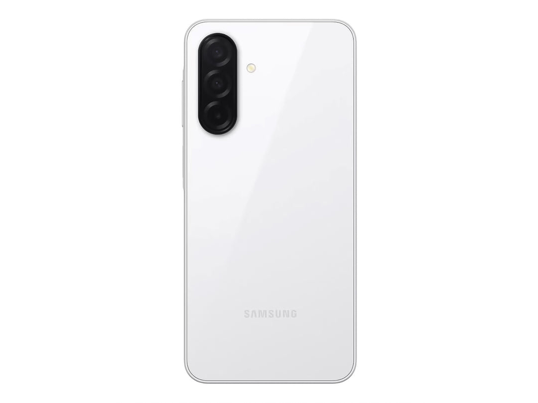 Smartphone Samsung A26 color blanco, vista frontal de la pantalla y vista posterior con cámaras.