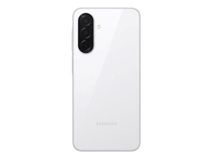 Smartphone Samsung A26 color blanco, vista frontal de la pantalla y vista posterior con cámaras.