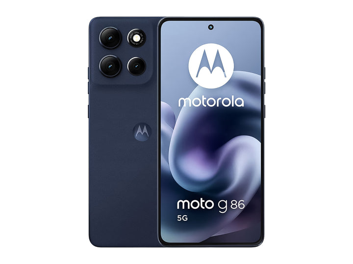 Vista frontal y posterior de un teléfono celular Motorola G86 en color azul.