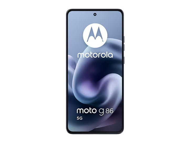Vista frontal y posterior de un teléfono celular Motorola G86 en color azul.