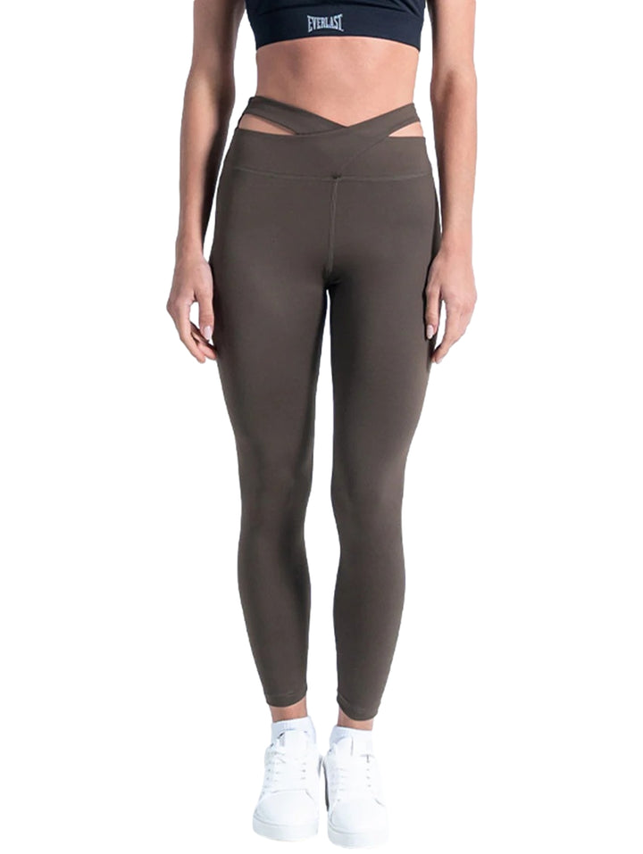 Leggings deportivos color olivo con detalle de cintura cruzada para mujer.