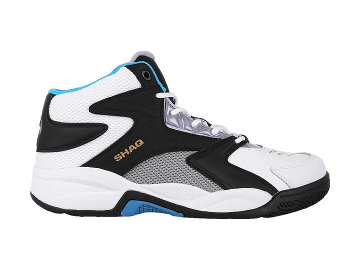 Tenis de baloncesto SHAQ de bota alta en colores blanco, negro y azul.
