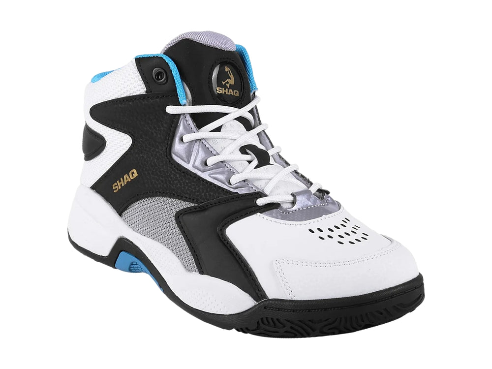 Tenis de baloncesto SHAQ de bota alta en colores blanco, negro y azul.