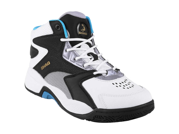 Tenis de baloncesto SHAQ de bota alta en colores blanco, negro y azul.