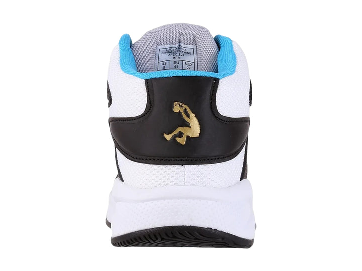 Tenis de baloncesto SHAQ de bota alta en colores blanco, negro y azul.
