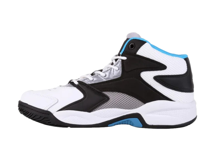 Tenis de baloncesto SHAQ de bota alta en colores blanco, negro y azul.