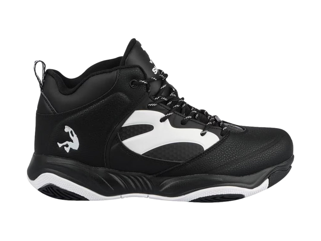 Tenis de baloncesto SHAQ en color negro con detalles y suela en blanco, diseño de bota alta.