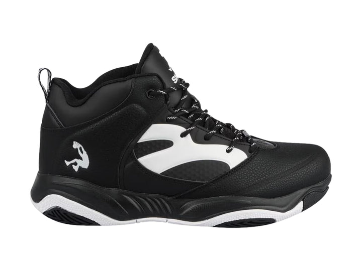 Tenis de baloncesto SHAQ en color negro con detalles y suela en blanco, diseño de bota alta.
