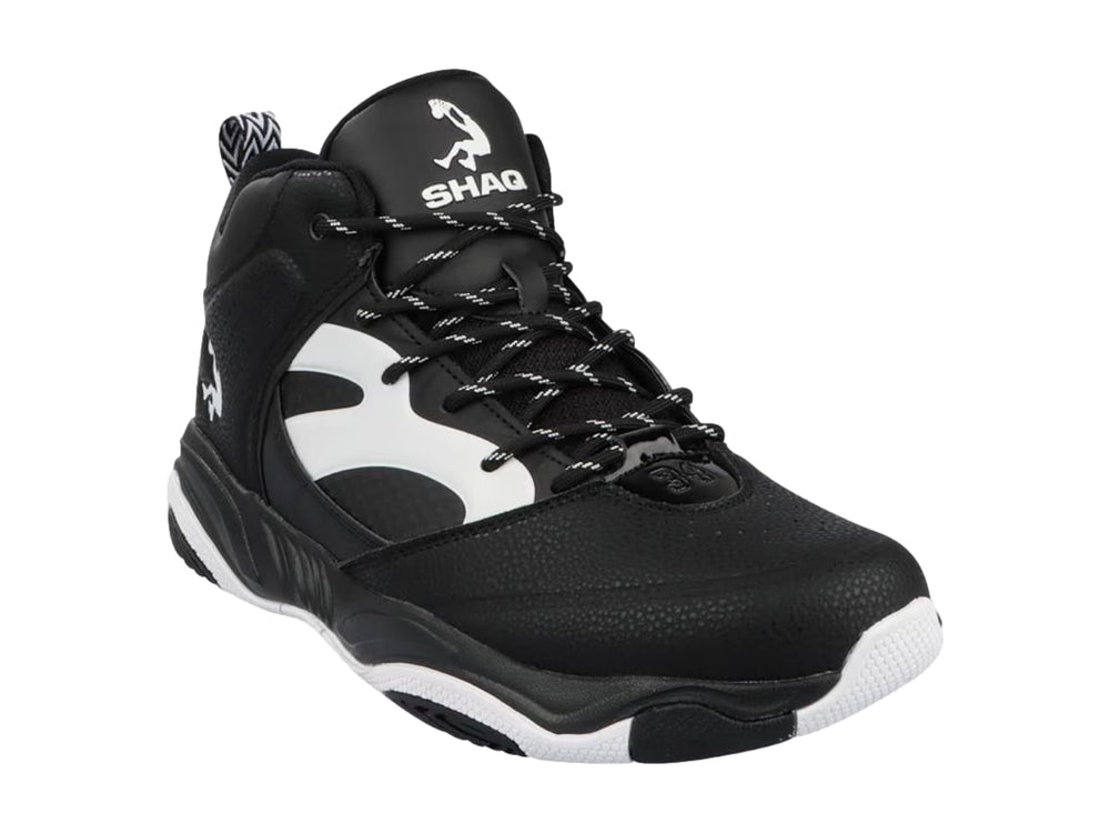 Tenis de baloncesto SHAQ en color negro con detalles y suela en blanco, diseño de bota alta.
