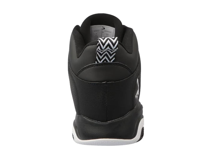 Tenis de baloncesto SHAQ en color negro con detalles y suela en blanco, diseño de bota alta.