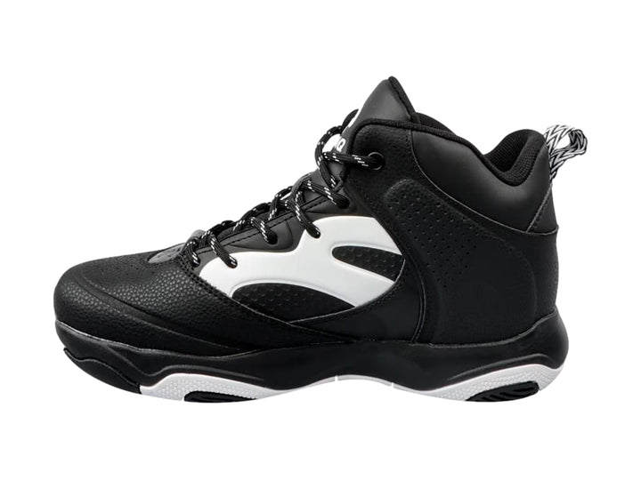 Tenis de baloncesto SHAQ en color negro con detalles y suela en blanco, diseño de bota alta.