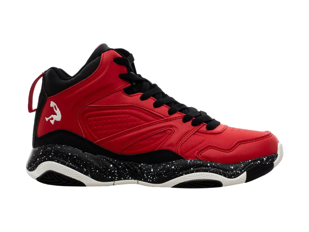 Tenis de baloncesto SHAQ en color rojo y negro con suela negra moteada de blanco y corte alto.