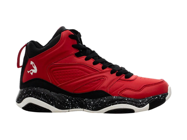 Tenis de baloncesto SHAQ en color rojo y negro con suela negra moteada de blanco y corte alto.