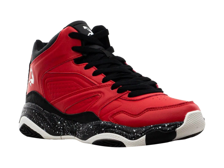 Tenis de baloncesto SHAQ en color rojo y negro con suela negra moteada de blanco y corte alto.