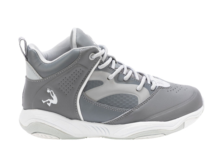 Tenis de baloncesto marca SHAQ en color gris con suela blanca y diseño de bota alta.