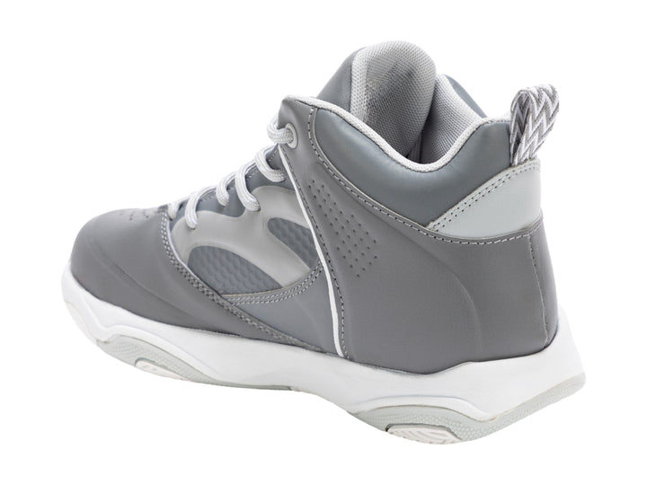 Tenis de baloncesto marca SHAQ en color gris con suela blanca y diseño de bota alta.