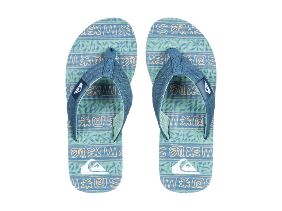 Sandalias Quiksilver Molokai Layback II en color verde granito con suela negra y celeste.