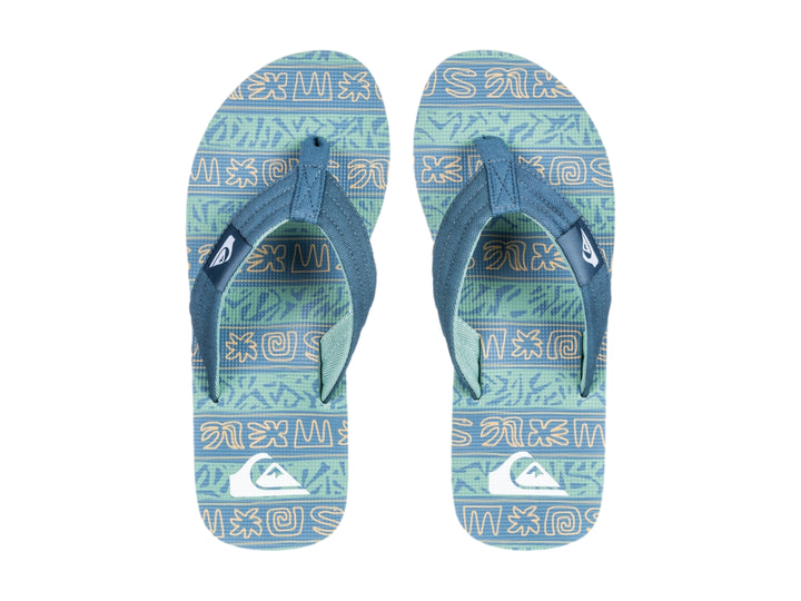 Sandalias Quiksilver Molokai Layback II en color verde granito con suela negra y celeste.