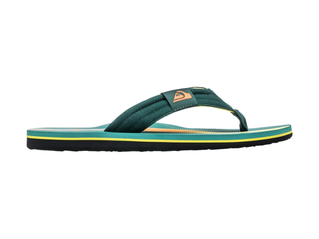Sandalias Quiksilver color verde azulado con suela negra y un detalle en línea amarilla lateral.
