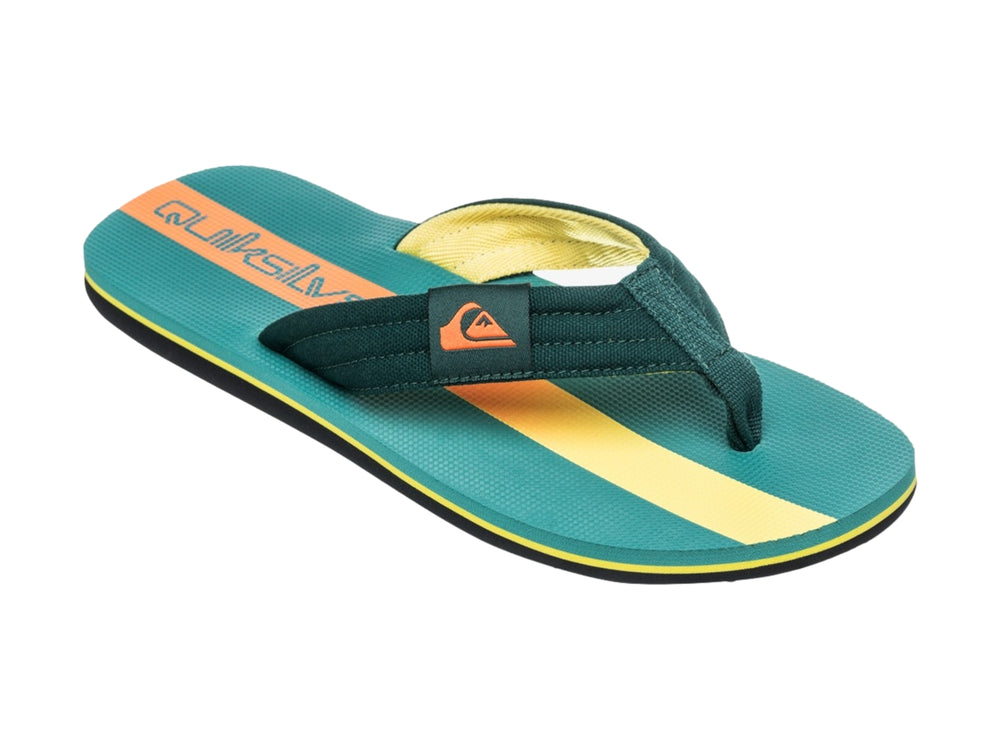 Sandalias Quiksilver color verde azulado con suela negra y un detalle en línea amarilla lateral.