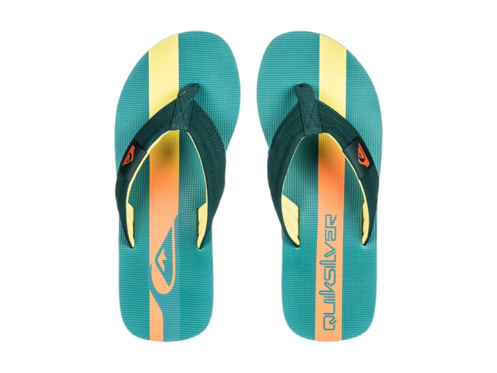 Sandalias Quiksilver color verde azulado con suela negra y un detalle en línea amarilla lateral.