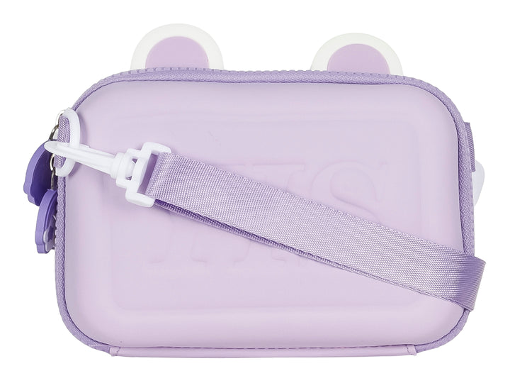 Bolso pequeño color lila con orejas blancas y parches decorativos de animales, coche y flor en relieve.