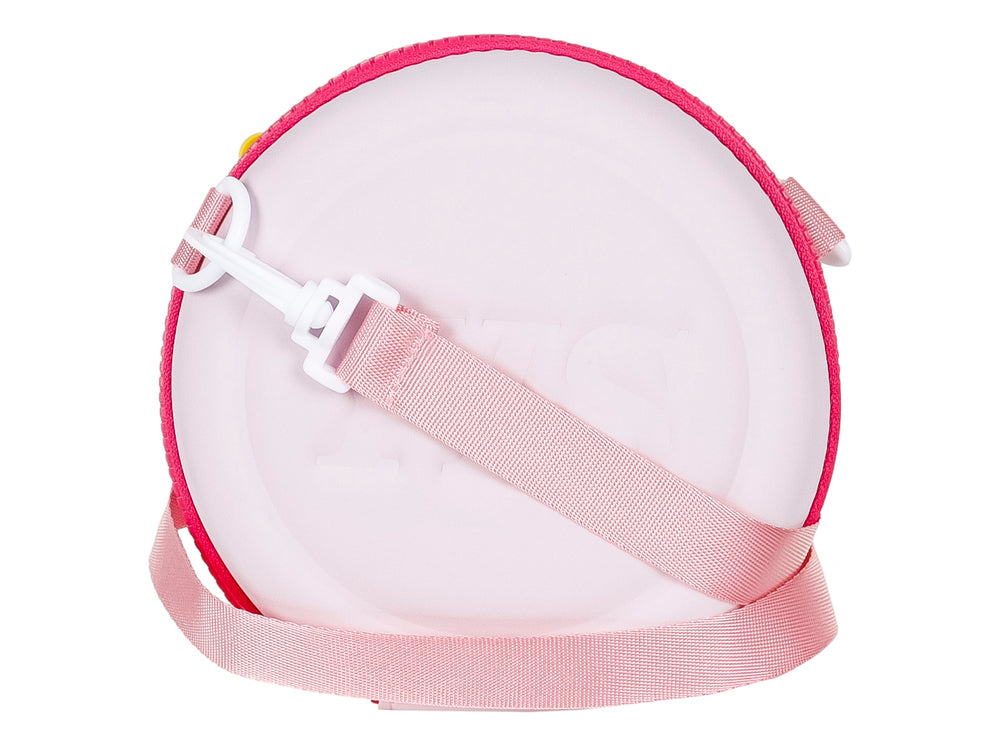 Bolso circular rosa con parches decorativos en relieve de panda, oso y dulces.