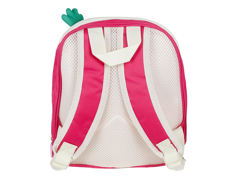 Mochila escolar con forma de paleta de helado en colores rosa y blanco con detalles de fresa y chispas.