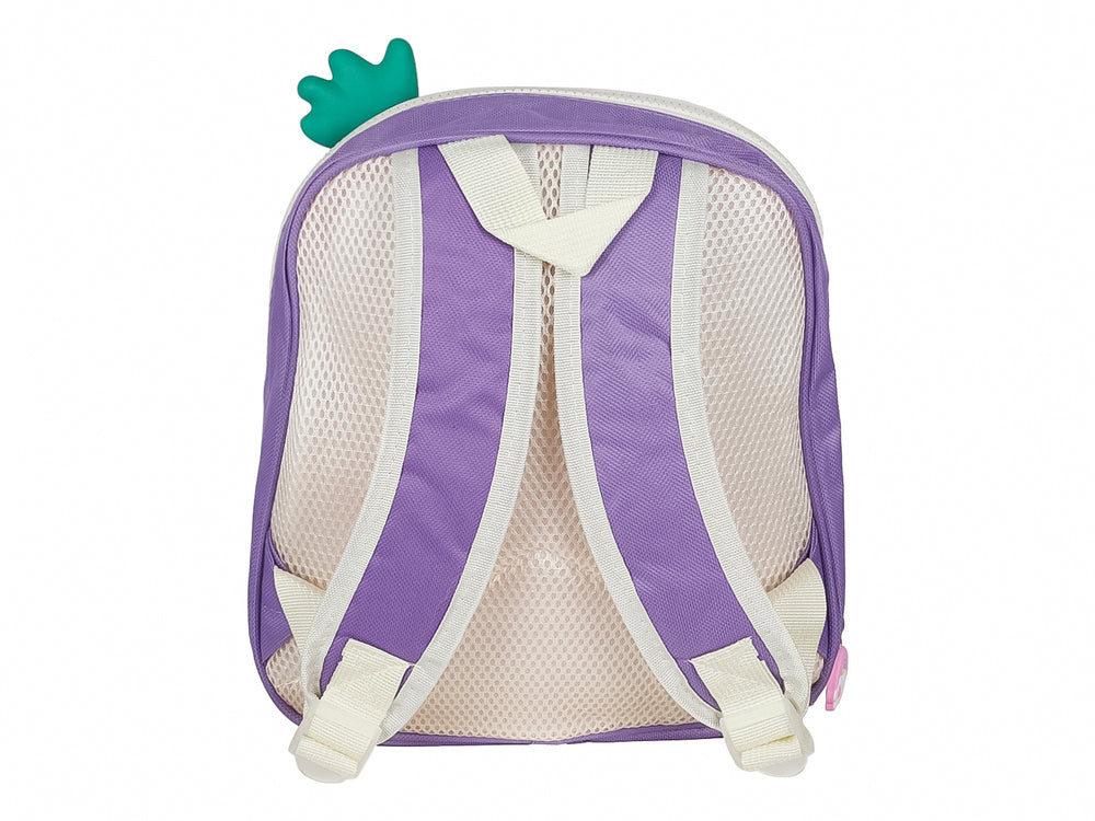 Mochila escolar con forma de paleta de helado en color lila y blanco, decorada con una pequeña fresa rosa.