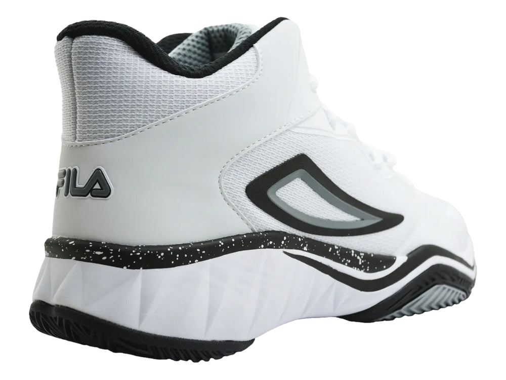 Tenis deportivos FILA de bota alta en color blanco con detalles en negro y gris.