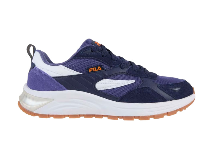 Tenis deportivos FILA en colores azul y blanco con suela naranja y detalles en malla.