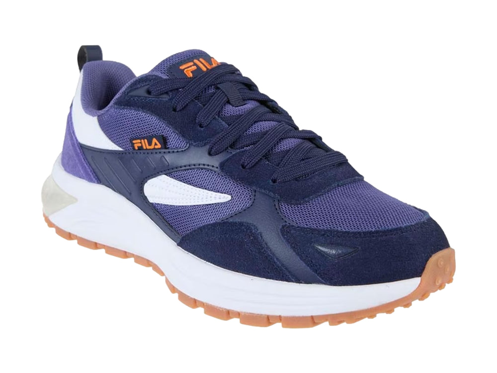 Tenis deportivos FILA en colores azul y blanco con suela naranja y detalles en malla.