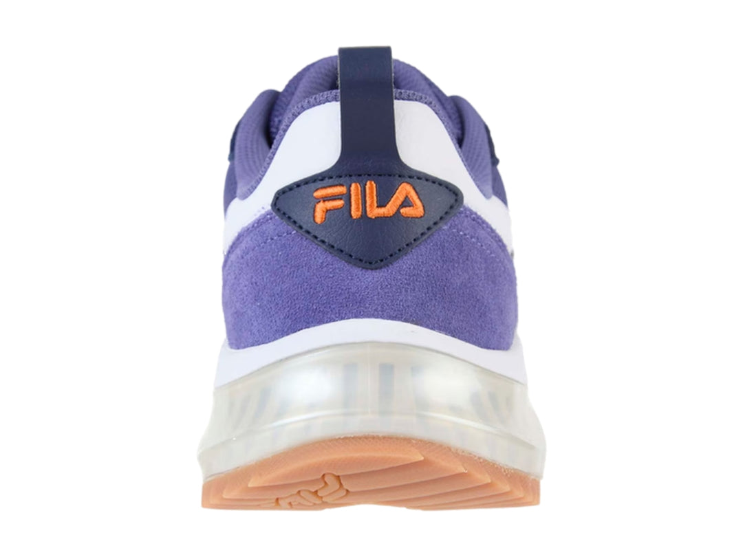Tenis deportivos FILA en colores azul y blanco con suela naranja y detalles en malla.