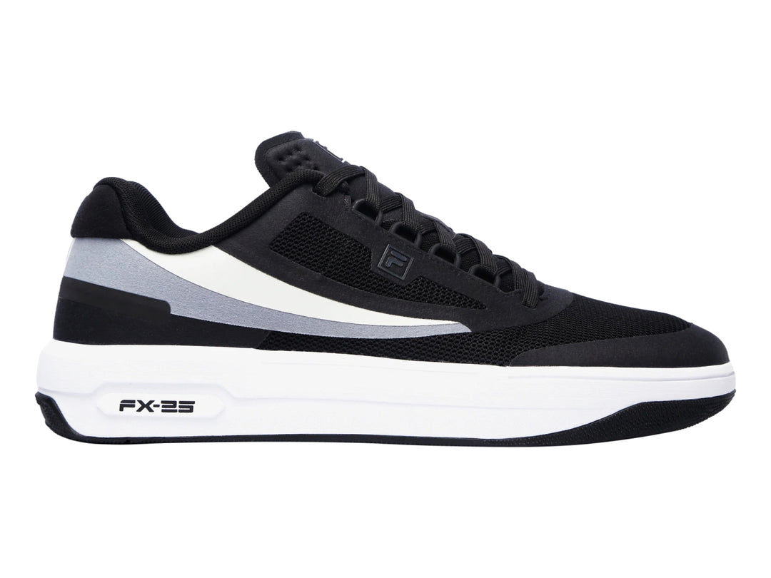 Tenis deportivos FILA FX-25 en color negro con detalles en gris y suela blanca, vista lateral.