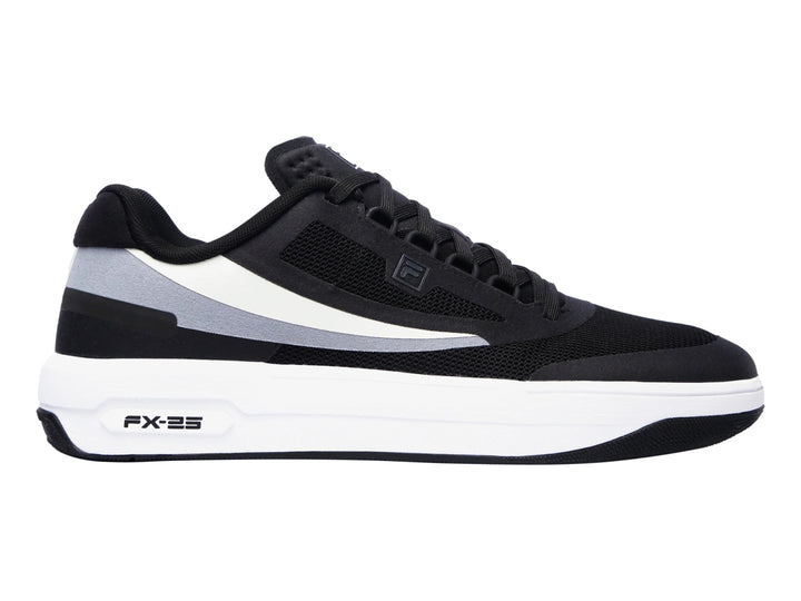 Tenis deportivos FILA FX-25 en color negro con detalles en gris y suela blanca, vista lateral.