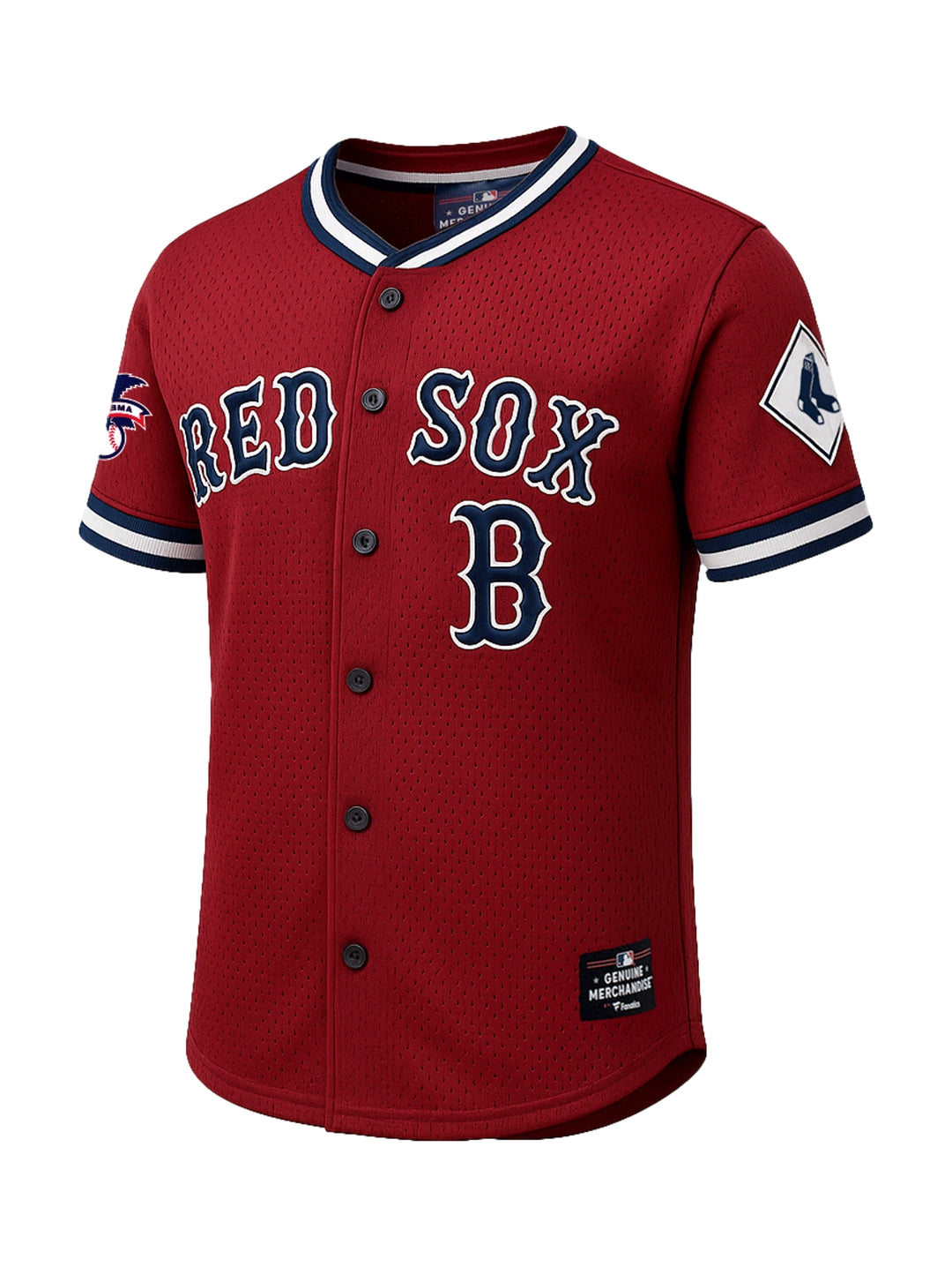 Jersey de béisbol rojo de los Boston Red Sox con botones frontales y detalles en azul y blanco.