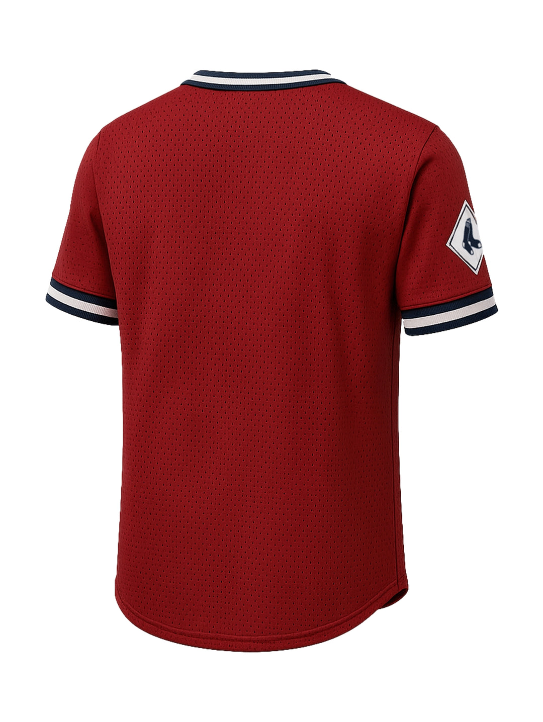 Jersey de béisbol rojo de los Boston Red Sox con botones frontales y detalles en azul y blanco.